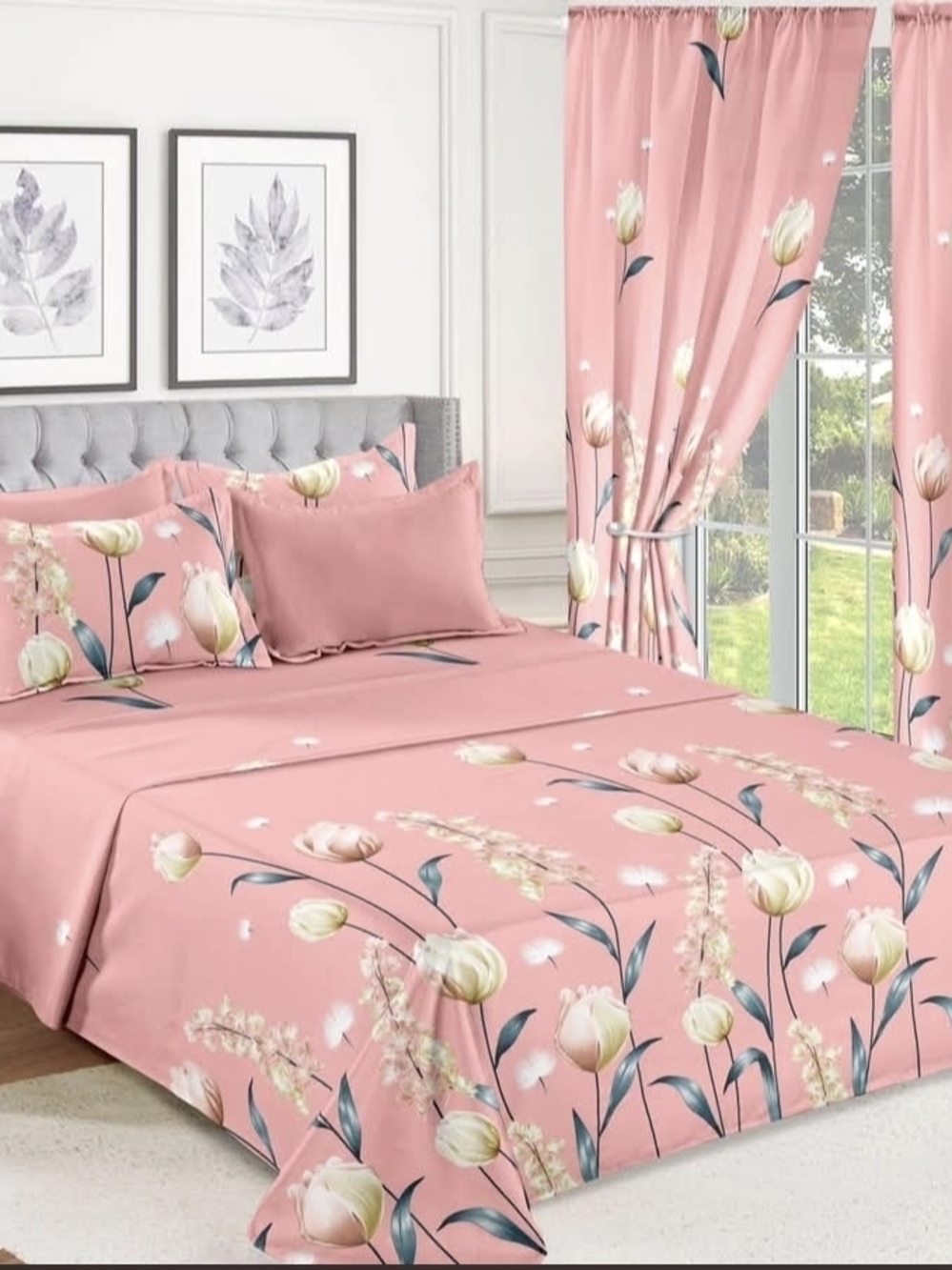 Pink Floral Tulip Sheet Set with Matching Curtains - Unbranded